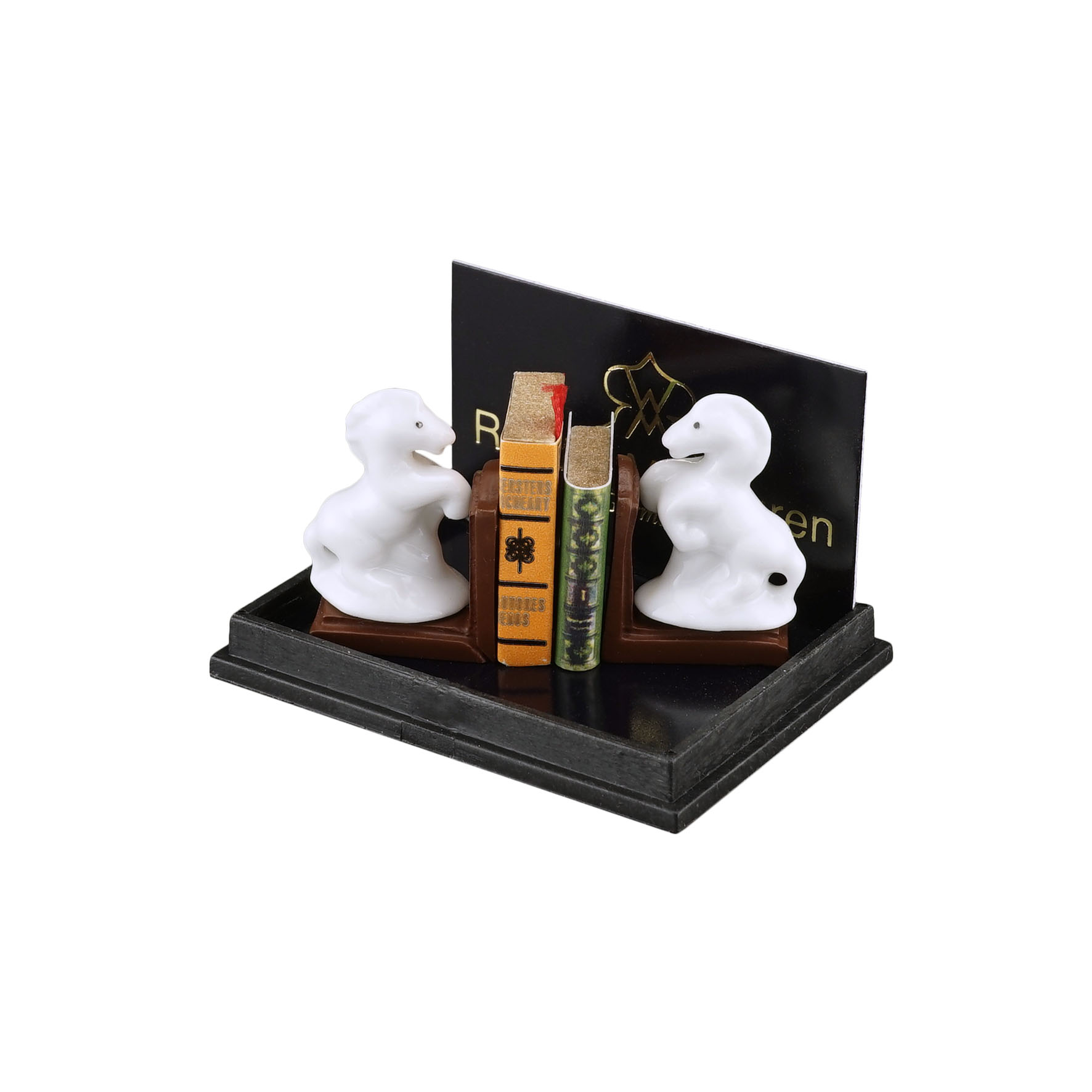 2 Buchstützen mit Pferdefiguren und Bücher