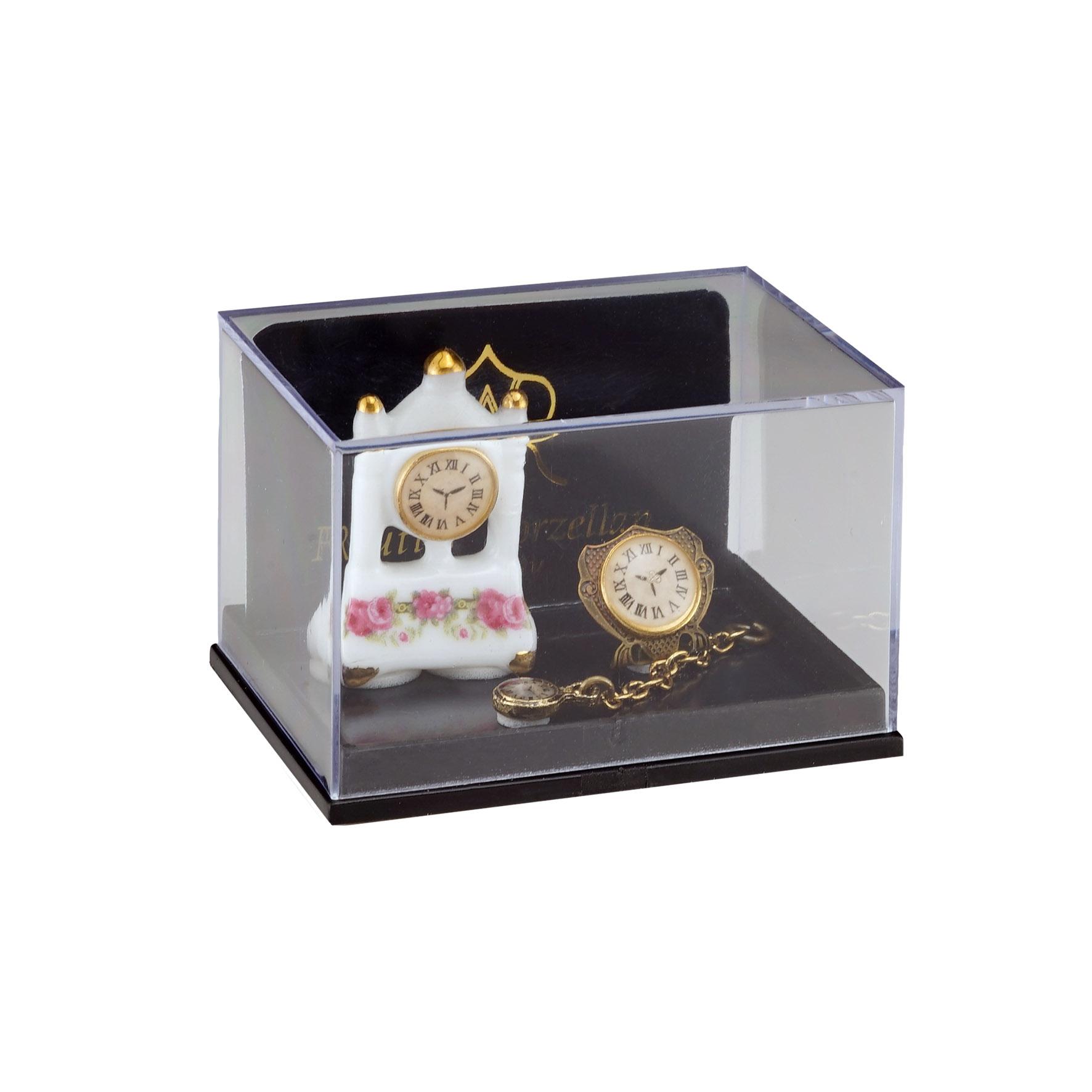 Uhrentrio - Säulenuhr aus Porzellan mit Goldwecker und Taschenuhr aus Metall