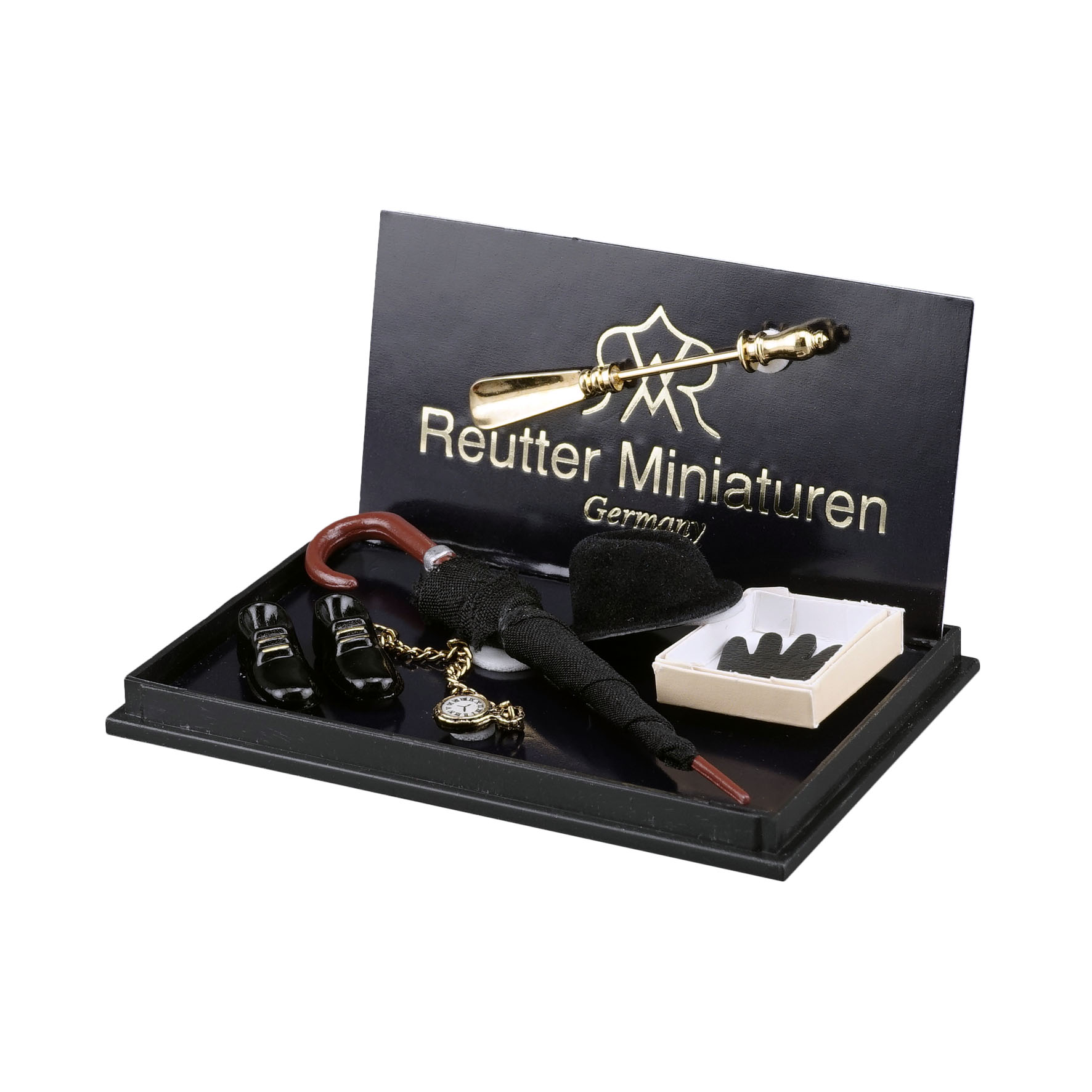 Herrenaccessoires mit Schirm, Melone und Handschuhen in Schwarz